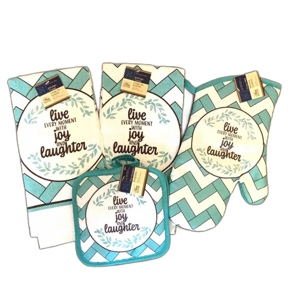 Live With Joy & Laughter NEW Kitchen Set Blue White Oven Mitt Towels Pot Holder